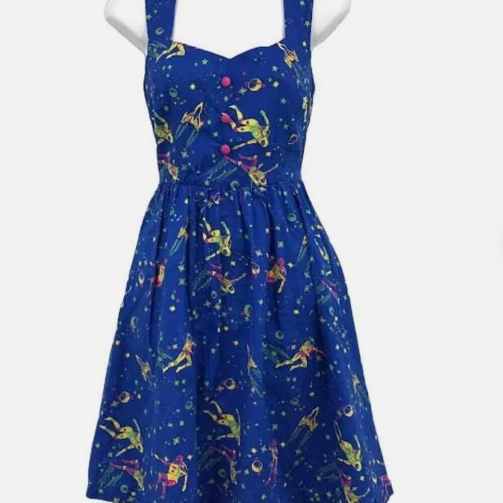 Modcloth Space Themed Dress Sleeveless Button Front Sweetheart Pockets Blue